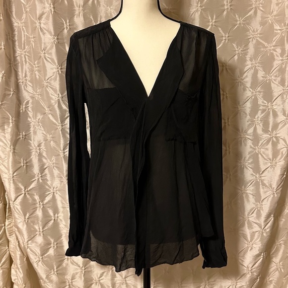Babaton 100% Silk Black Tab Sleeve Semi Sheer Blouse - Picture 1 of 9
